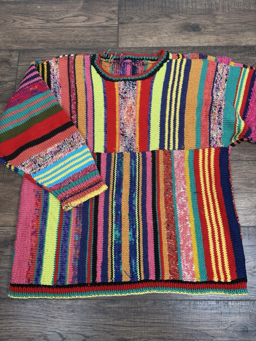 Vintage Colorful Striped Color Block Womens Sweater Hand Knit Sz XL